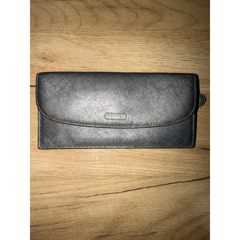 Coach Dark Gray Crossgrain Leather Continental Wallet Checkbook Snap Clutch READ